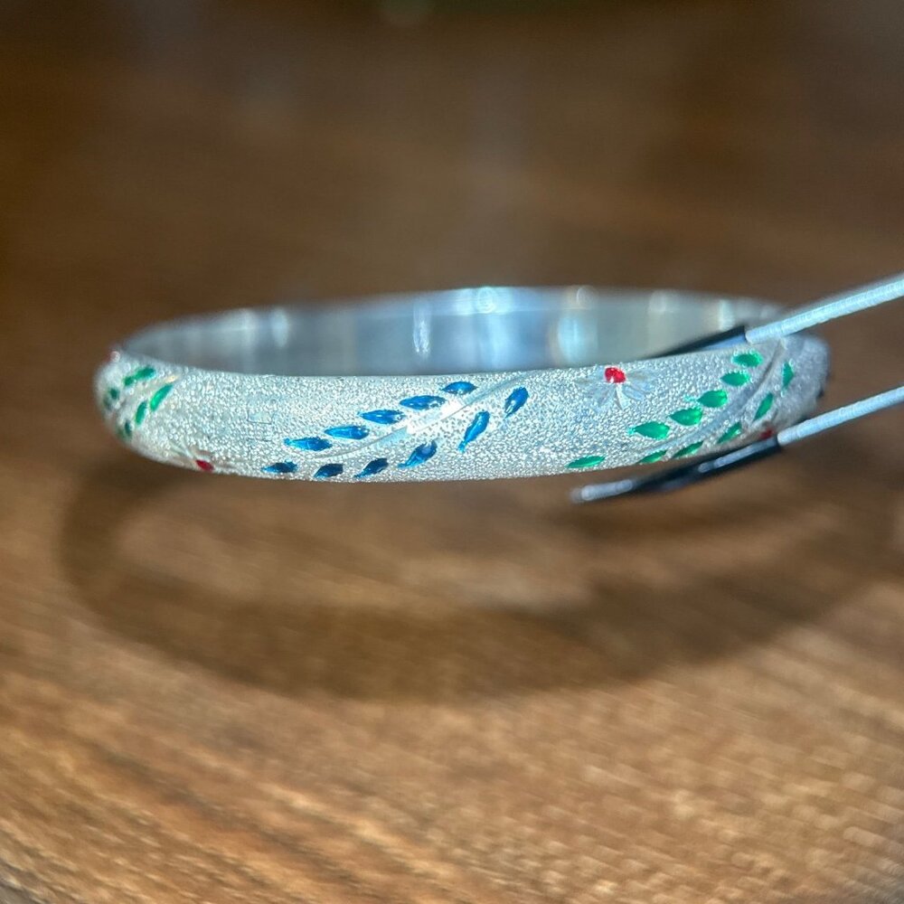 Multicolor Leaf & Flower Design Silver Bangle‎ - Picture 2 of 9
